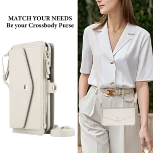 Custodia a tracolla per telefono in pelle beige con porta carte e cinturino per iPhone.