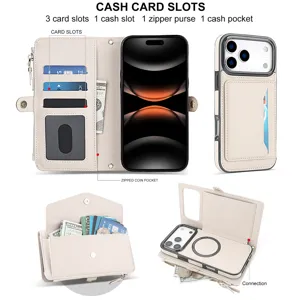 Custodia a portafoglio in pelle MagSafe con fessure per carte e tasca zip per iPhone.