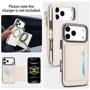 Custodia a portafoglio in pelle Magsafe con porta carte e tasca con zip per telefono.