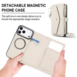 Custodia per telefono magnetica rimovibile con fessure per carte e tracolla per iPhone.