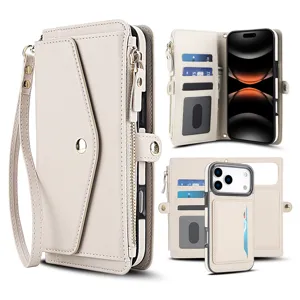 Custodia portafoglio in pelle beige con porta carte tasca con zip e laccetto da polso
