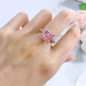 Elegante anillo de plata 925 con circonita rosa corte princesa pavé para mujer