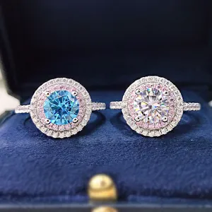 S925 silver blue and white diamond ring, stunning double halo micro-pavé pink gemstone jewelry.