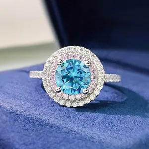 S925 silver blue and pink diamond halo ring luxury women jewelry fashion chic gift