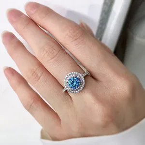 S925 Silver Blue Diamond Ring Double Halo Micro Pave Pink White Gemstone Women Jewelry