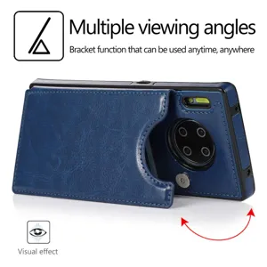 Leder Handyhülle mit Kartenfach und Ständer Funktion für Smartphone, blaue Textur.