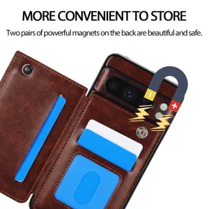 Funda tipo cartera de cuero Google Pixel con ranuras para tarjetas y cierre magnetico fuerte.