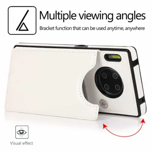 Weißes Leder Flip Handyhülle mit Kartenfach und verstellbarem Ständer für optimalen Blickwinkel.