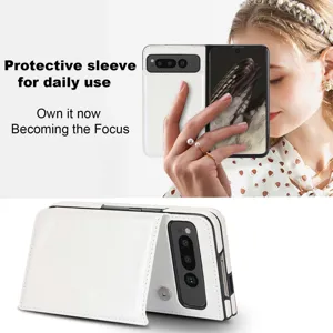 Google Pixel Fold white leather protective case with card slot and double buckle design.