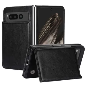 Black leather folding phone case detail showing card slot, wallet design and sturdy stand.