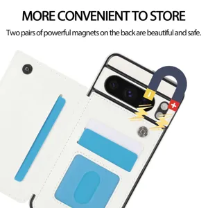 Funda de cuero blanco tipo cartera con ranuras para tarjetas y cierre para Google Pixel.