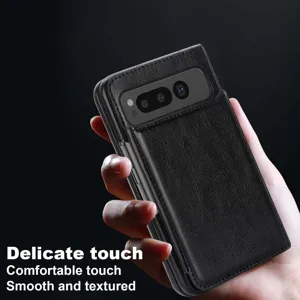 Detail view of the black leather wallet phone case with card slot and delicate texture.