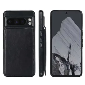 Funda de teléfono de cuero negro con tarjetero y soporte para la serie Google Pixel.