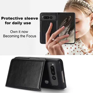 Detailed showcase of the premium black leather folding phone case with multiple card slots.