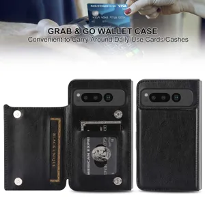 Premium leather wallet case for Google Pixel Fold featuring card slots and dual snap buttons.
