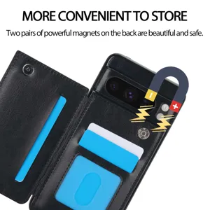 Funda de cuero negro para teléfono con ranuras para tarjetas y cierre para Google Pixel.