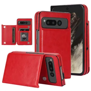 Detailed view of red leather wallet case for Google Pixel Fold with card slots and stand.