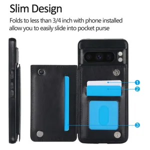 Funda de cartera delgada de cuero con ranuras para tarjetas y soporte para uso diario.