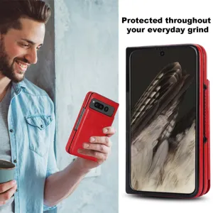 Close-up view of a premium red leather folding phone case with card slots and secure closure.
