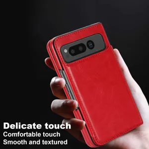 Red leather case with card slot for Google Pixel Fold, premium business flip cover.