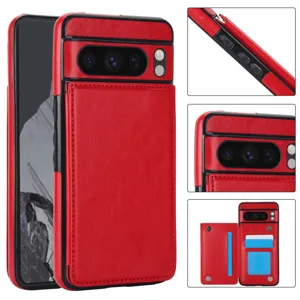 Vista detallada funda de cuero rojo, ranura para tarjeta y función soporte para Google