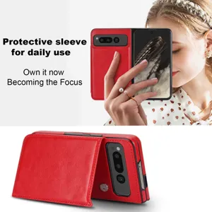 Red leather protective case for Google Pixel Fold with card slots and double buckle design.