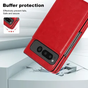 Google Pixel Fold red leather folding phone case with card slot and drop protection.