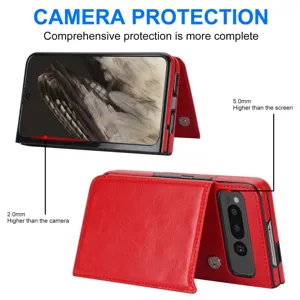 Google Pixel Fold leather flip case detail showing camera protection and card slots.