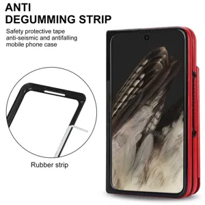 Detailed view of the folding phone case showing anti-degumming rubber strip feature.