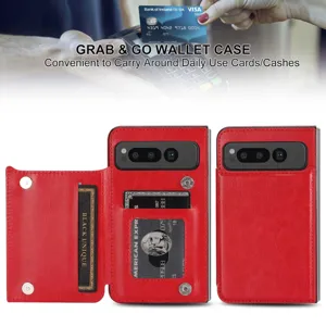 Red leather wallet case for Google Pixel Fold with card slots and dual magnetic closure.