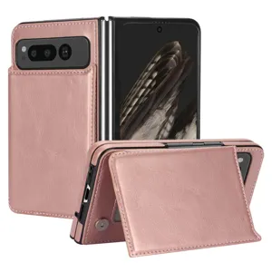 Detail view of the pink leather folding phone case with card slots and stand function.