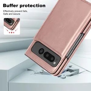 Detail view of the rose gold leather folding phone case for Google Pixel Fold, hinge protection.