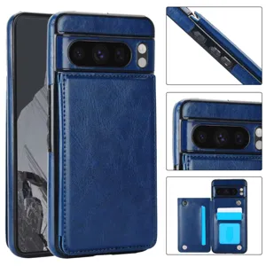 Funda de cartera de cuero azul con ranuras para tarjetas y soporte de doble hebilla para Google Pixel.