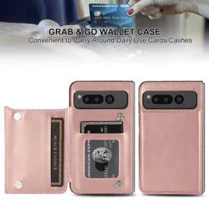 Pink leather wallet case for Google Pixel Fold with card slots and secure double buckle.