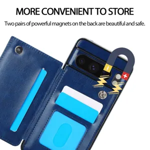Funda de cartera de cuero azul con ranuras para tarjetas y fuerte imán para Google Pixel.