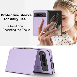 Detail view of the purple foldable phone case showing dual buckle and card slot design.