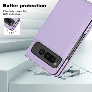 Detailed view of the purple leather folding phone case showing camera cutout and stitching.