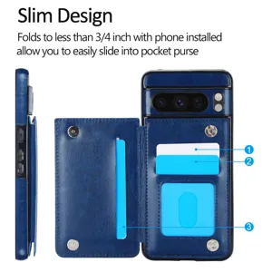 Detalle de funda de teléfono tipo cartera en azul con tarjeteros y broche de presión.
