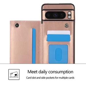 Funda tipo cartera de cuero sintético oro rosa con tarjetero y soporte Google Pixel.