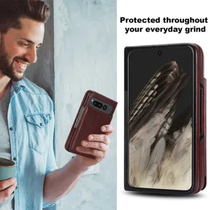 Close up view showing leather folding phone case details, card slots and vintage texture design.