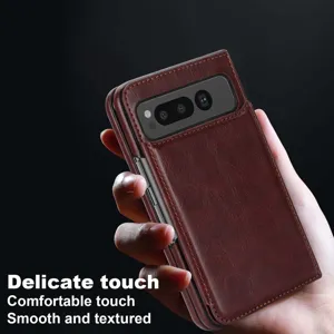 Retro leather folding phone case with card slot and dual buckle for business foldable phones.