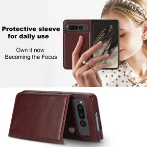 Detailed view of brown leather folding phone case with card slots and secure dual buckle design.