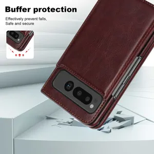 Detailed view of brown leather folding phone case with hinge buffer protection design.