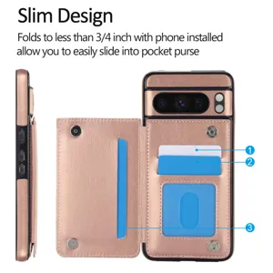 Google Pixel funda tipo cartera de cuero con tarjeteros y doble botón de presión seguro.