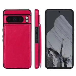 Funda de teléfono de cuero para Google Pixel con tarjetero y soporte, vista de detalle.