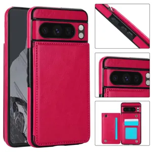 Funda de teléfono de cuero rosa con ranuras para tarjetas y soporte para Google Pixel.
