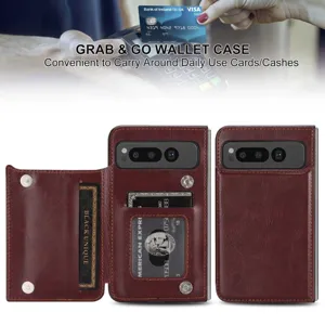 Retro leather wallet case with card slots for Google Pixel Fold, premium brown flip cover.