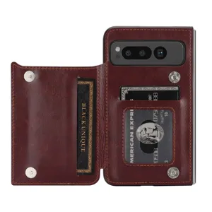 Brown leather foldable phone case with card slots for Google Pixel Fold main display.