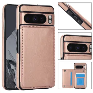 Funda tipo cartera de cuero con ranuras para tarjetas y soporte para Google Pixel 9 10 Pro XL oro rosa
