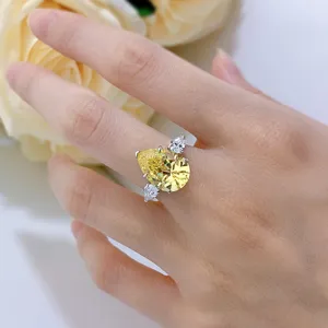 Anillo de piedra preciosa amarilla talla pera de plata 925 anillo de compromiso de moda